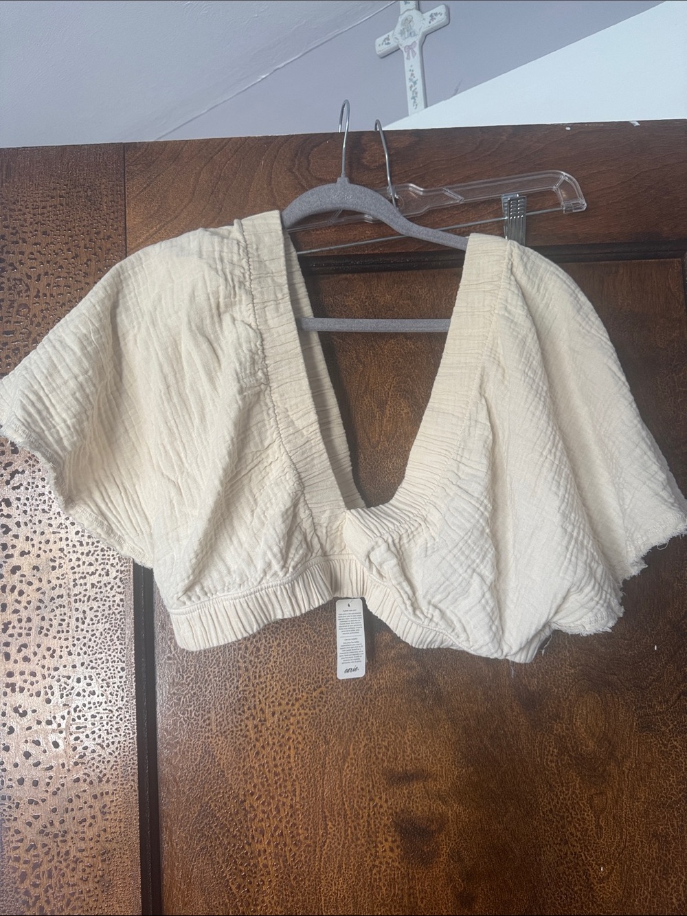 aerie Cream Gauze Deep V Cropped Flutter Sleeve Top